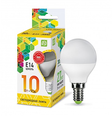 лампа ASD LED-шар-standart 10Вт 230В Е14 3000К 900Лм (407035)