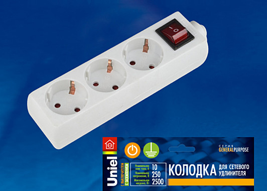 колодка Uniel 3 гн.с/з с выключателем, UL-00003328
